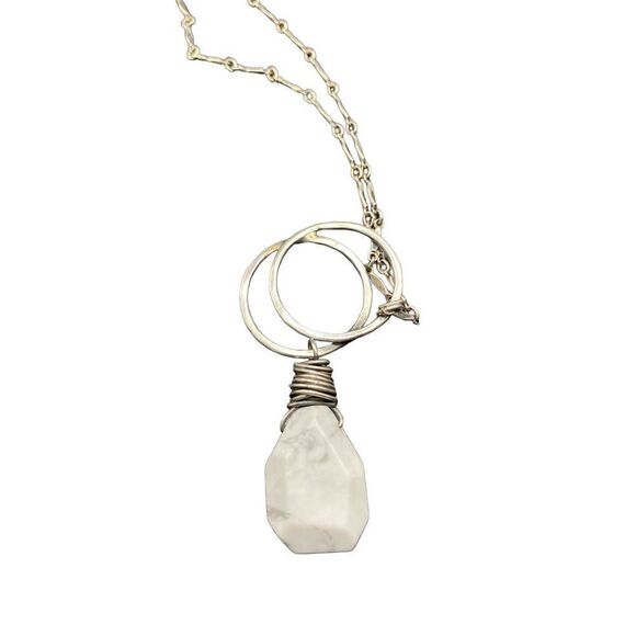 Silver double circles white agate drop necklace - Picture 3 of 8